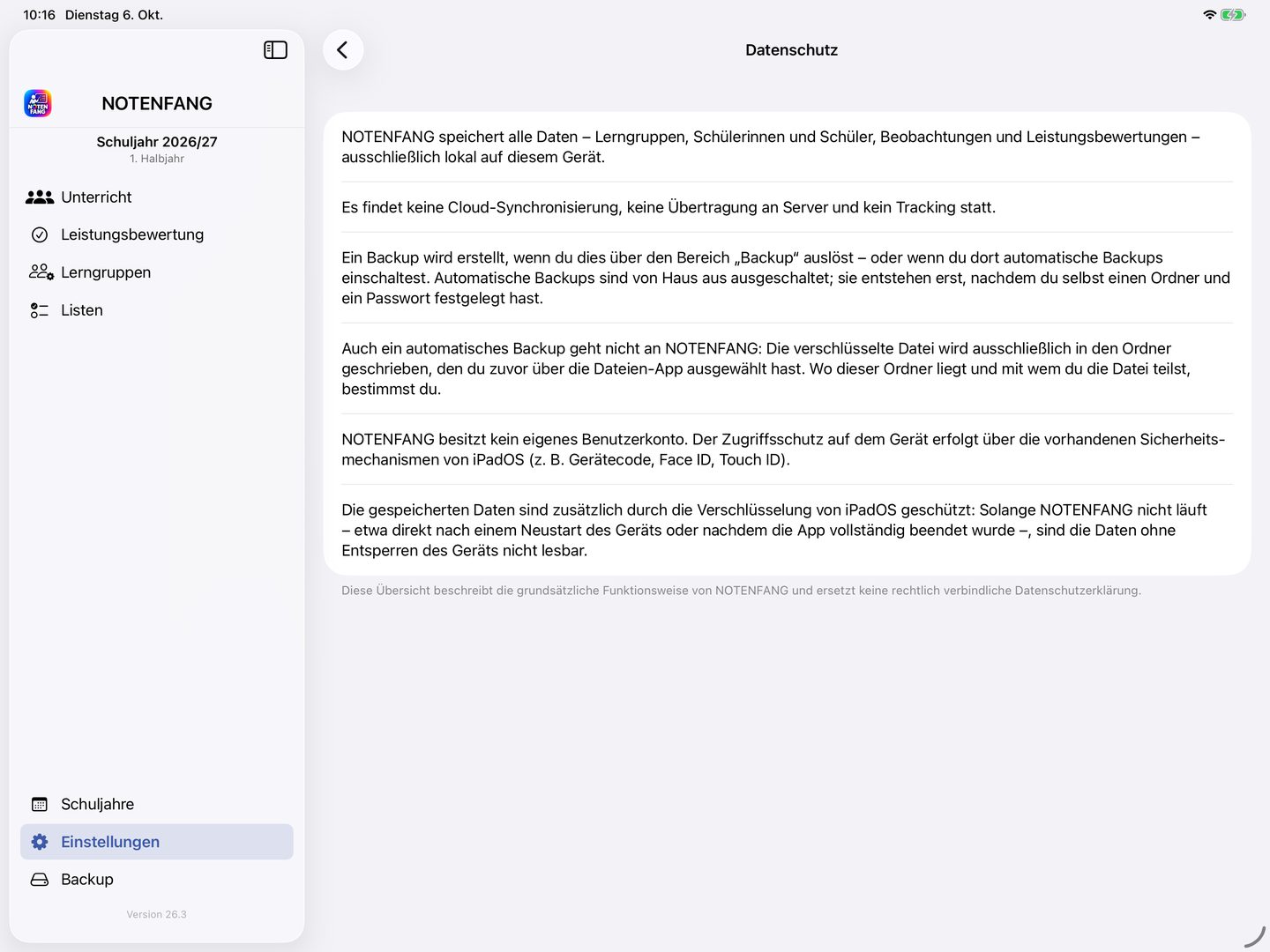 Datenschutzübersicht in NOTENFANG: lokale Speicherung, keine Cloud-Synchronisierung, Backups auf eigenen Wunsch